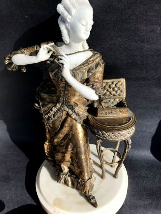 Antique Signed French Gilt Bronze Bisque Figure Noblewoman Lady W Jewelry Casket