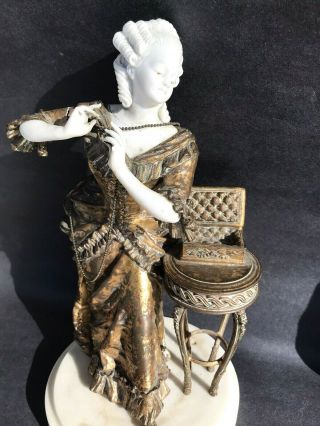 Antique SIGNED FRENCH Gilt Bronze Bisque Figure Noblewoman Lady w Jewelry Casket 2