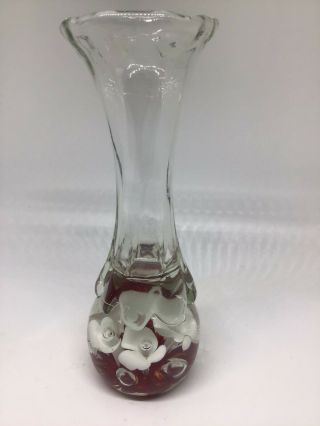 Vintage Hand Blown Art Glass Bud Vase With White And Red Flowers In Base