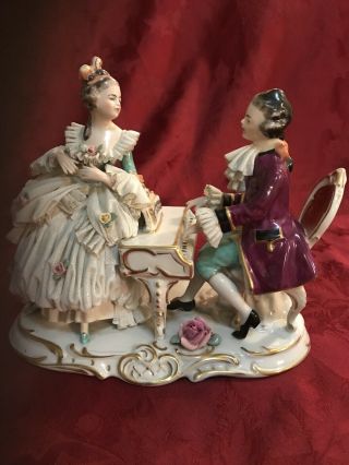 Large Dresden Porcelain Lace Figurine Man & Lady At Piano