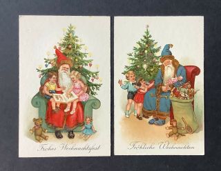 Vintage Santa Postcards (2) Red,  Blue Robes,  Seated With Children On Lap,  W/toys