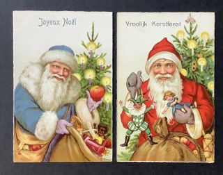 Vintage Santa Postcards (2) Colorful Blue,  Red - Robed Santas With Toy Bags