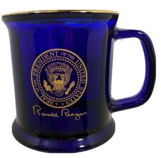 Vintage Ronald Reagan Signed Presidential Seal Cobalt Blue/gold Glass Mug - Usa