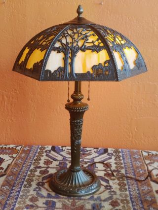 Antique Bradley Hubbard Style Table Lamp Slag Glass Shade - Tree And Landscape
