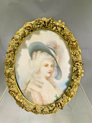Antique French Countess Miniature Portrait With Lovely Gilt Bronze Floral Frame