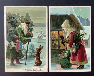 Vintage Santa Postcards (2) Green Robe W/bunny,  Red Robe W/tree By Window