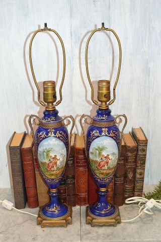Antique Pair Lamps Porcelain French Sevres Style Cobalt Blue Gilt Romance Scene