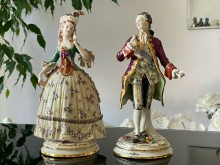 Antique Volkstedt Ackermann & Fritze Porcelain Figurines,  9.  5 " Tall