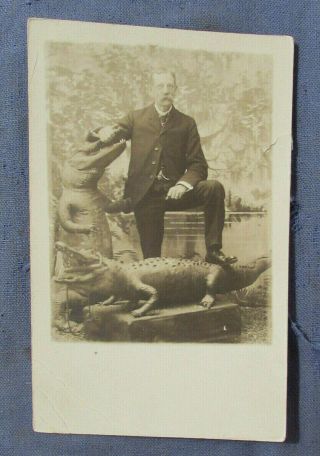 Vintage 1905 - 15 Jacksonville Fl Rppc Man With Alligator Hollingsworth Photo