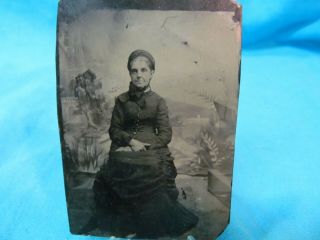 Vintage Tintype Photograph Old Woman In Black Mourning Dress Portrait