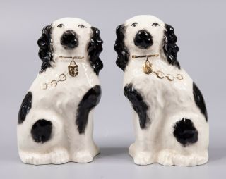 Antique 19th Century English Staffordshire Spaniel Dogs Figurines,  A Pair