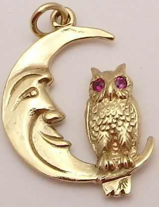 Vintage 9 Carat Yellow Gold,  Ruby Set Owl,  On A Man In The Moon Pendant.