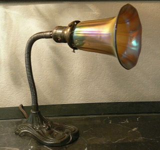 Art Deco Gooseneck Desk Lamp Cast Iron W Gold Iridescent Glass Shade Art Nouveau