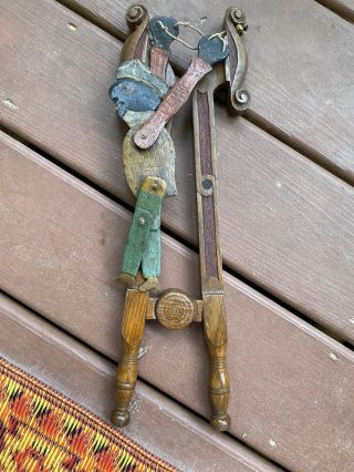 Antique Carved & Painted Oak Continental Folk Art 2 Faced Man Jumping Toy