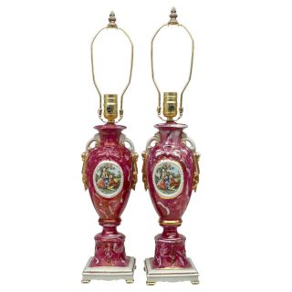 Antique French Sevres Style Cranberry Porcelain Urn Romance Lamps – A Pair