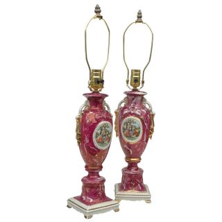 Antique French Sevres Style Cranberry Porcelain Urn Romance Lamps – A Pair 2