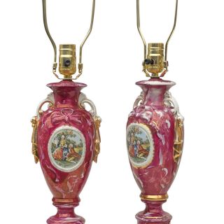 Antique French Sevres Style Cranberry Porcelain Urn Romance Lamps – A Pair 3