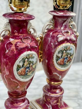 Antique French Sevres Style Cranberry Porcelain Urn Romance Lamps – A Pair 4