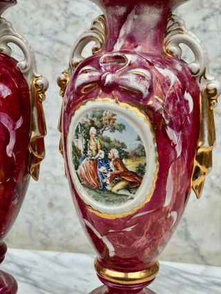 Antique French Sevres Style Cranberry Porcelain Urn Romance Lamps – A Pair 5