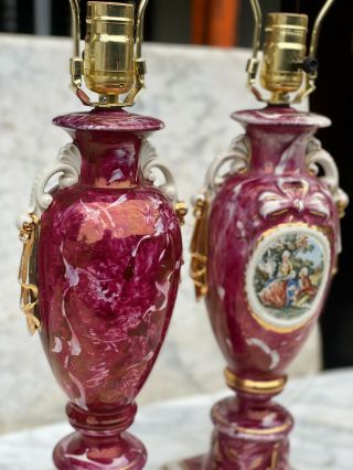 Antique French Sevres Style Cranberry Porcelain Urn Romance Lamps – A Pair 6