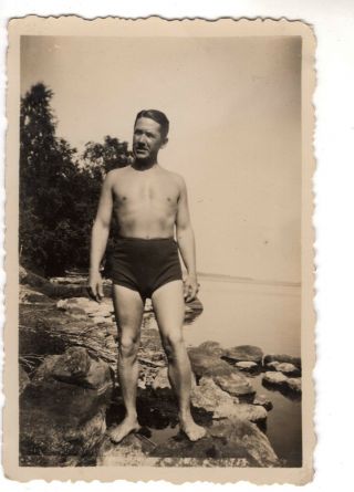 2) Semi Nude Naked Young Man On Rock Old 1950 - S Smaller Photo Gay Int