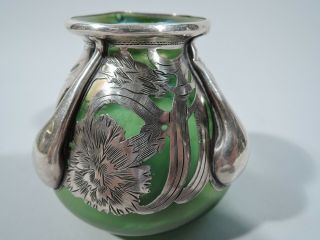 Alvin Vase - 3418 - Art Nouveau American Iridescent Green Glass Silver Overlay