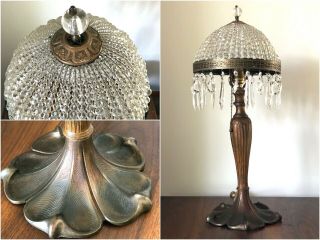 Antique Art Nouveau Metal Table Lamp & Crystal Prism French Shade Vintage Light