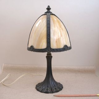 Antique Bronze & Slag Glass Boudoir Table Lamp Bradley & Hubbard Art Deco Vtg