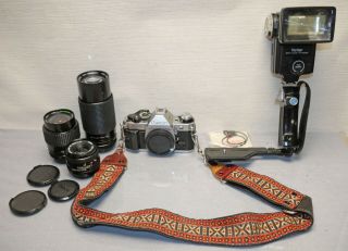 Vintage Canon Ae - 1 Program 35mm Slr Film Camera W 3 Lens Bundle