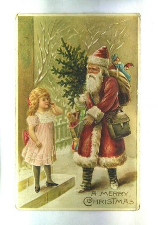 Vintage Christmas Greeting Postcard Santa Claus Gift Toys Tree Ornament Year