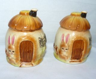 T25 Bunny Rabbit Cottage House 3 " Pair Set Of 2 Ceramic Salt And Pepper Shakers