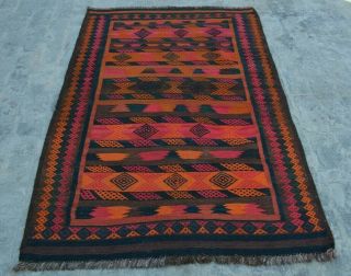 F1615 Vintage Handmade Afghan Tribal Wool Sumik Shirazi Kelim Rug 3 