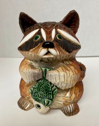 Artesania Rinconada Large Raccoon With Fish Art Pottery Figurine Uruguay Atr