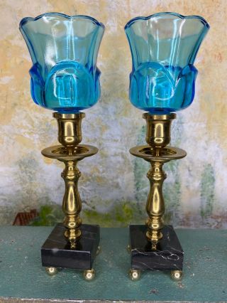 Pair Vintage Brass Candle Holders With Black Marble Base 7”tall Tulip Vase
