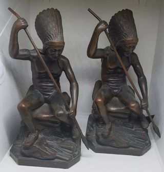 Antique Jennings Brothers Jb Bronze Indian War Spear Statue Sculpture Bookends