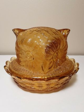 Vintage Amber Glass Owl Head On Nest Basket 2 Piece Candy Trinket Dish