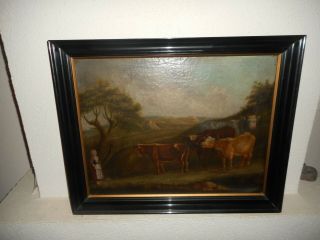 Very Old Oil Painting,  - 1840,  { Landscape With A Woman And Cows }.  Is Antique