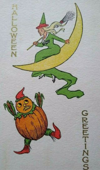 Vintage Halloween Postcard Witch Seated On Moon Goblin Monster Gibson