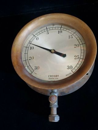 Antique Vintage Steam Pressure Gauge Crosby Brass Bezel 8 - 1/4 " Diameter