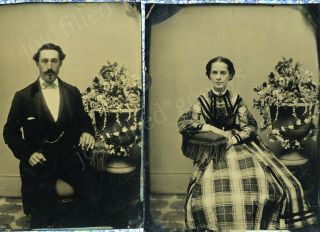 2 Lovely Clear 1870s Whole Plate Tintypes Of A Man & Woman With Garden Urn