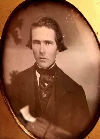 Sixth Plate Daguerreotype Of Young Man In Leather Case W/ Mother Of Pearl Flower