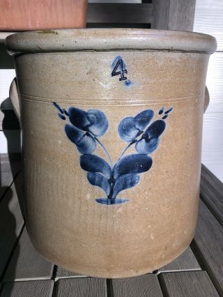 Unusual Antique 4 Gallon Stoneware Crock - Cobalt Blue Decorated Floral