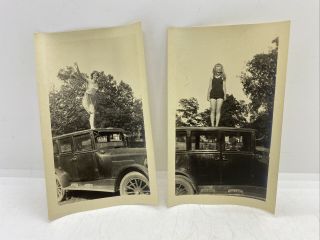 2 Vintage 1930’s Old Black & White Photographs Girls On Car Roof Photos