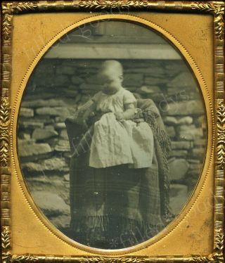 Unusual Outdoor Daguerreotype Alive Or Post Mortem Baby By A Stacked Stone Wall