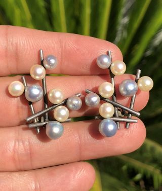 Vintage Ming’s Honolulu Sterling Silver & Multi Color Pearl Clip Earrings