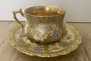 Antique Porcelain Tea Cup & Saucer Floral Painted Raised Gold Details Unsigned