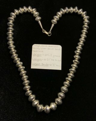 Vintage,  Native American Sterling Silver Bench Bead Necklace,  64.  2g