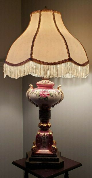 Antique French Victorian Hand Painted Colorful Floral Table Lamp Signed - - Lovely