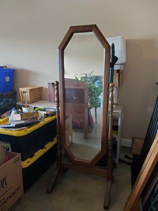 Vintage 70s Oak Octagon Full Length Cheval Mirror