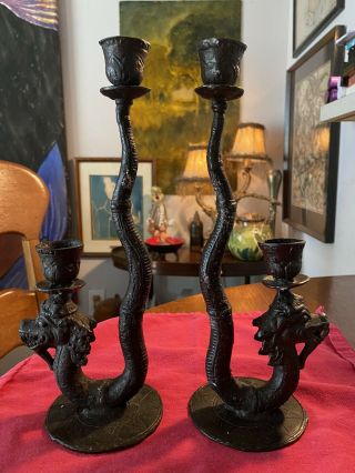 Gothic Chinese Asian Serpent Dragon 2 Candle Candlestick Candle Holder - Pair